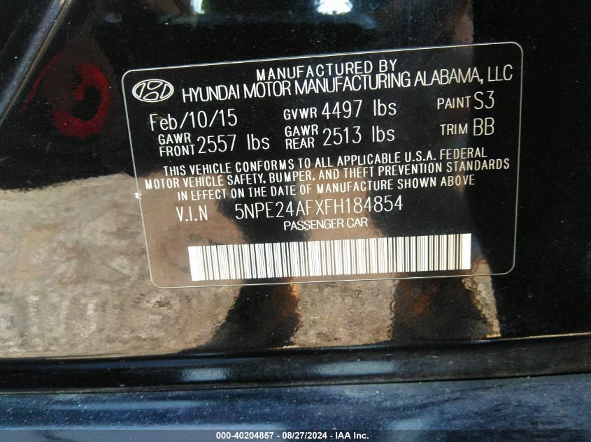 5NPE24AFXFH184854 2015 Hyundai Sonata Se