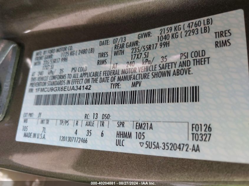 2014 Ford Escape Se VIN: 1FMCU9GX6EUA34142 Lot: 40204881