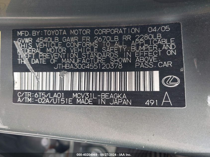 2005 Lexus Es 330 VIN: JTHBA30G455120378 Lot: 40204969