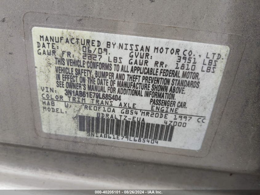 2009 Nissan Sentra 2.0S VIN: 3N1AB61E79L685404 Lot: 40205101