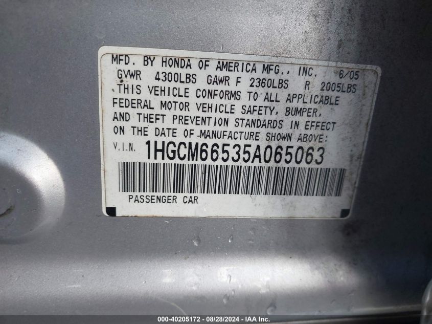 2005 Honda Accord 3.0 Ex VIN: 1HGCM66535A065063 Lot: 40205172