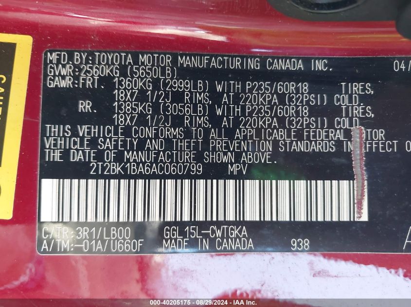 2010 Lexus Rx 350 VIN: 2T2BK1BA6AC060799 Lot: 40205175