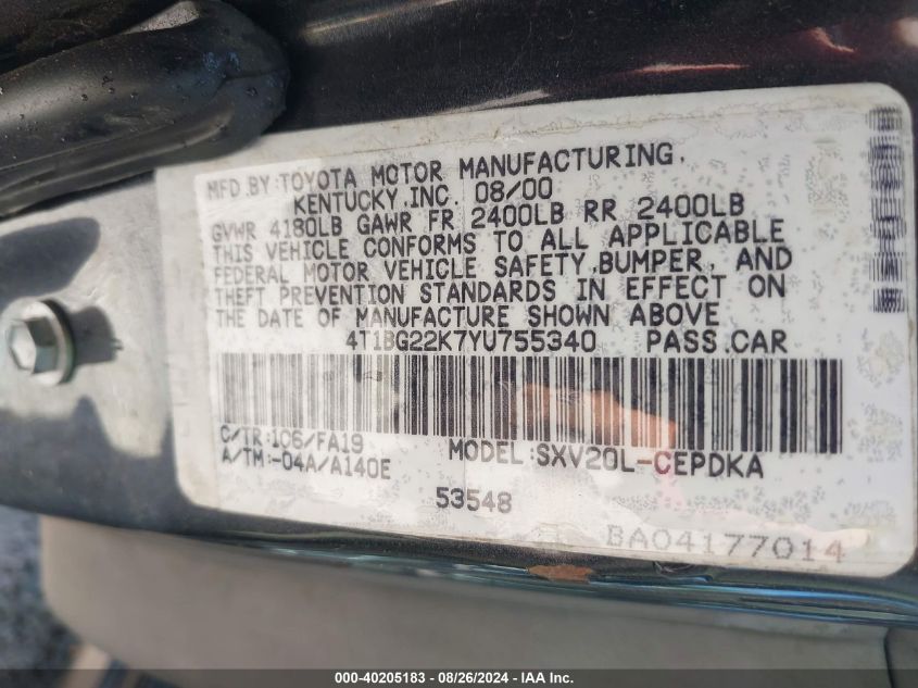 2000 Toyota Camry Ce VIN: 4T1BG22K7YU755340 Lot: 40205183