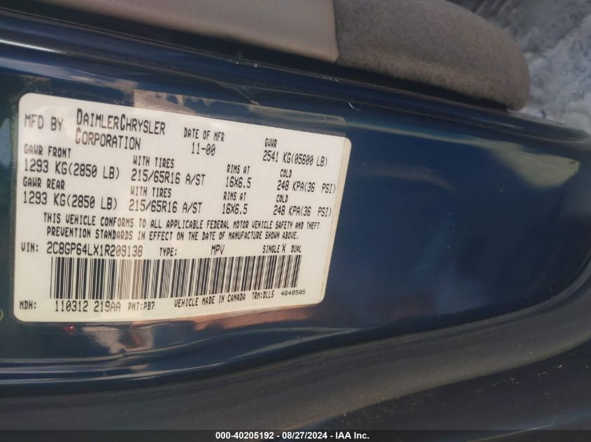 2001 Chrysler Town & Country Limited VIN: 2C8GP64LX1R209138 Lot: 40205192