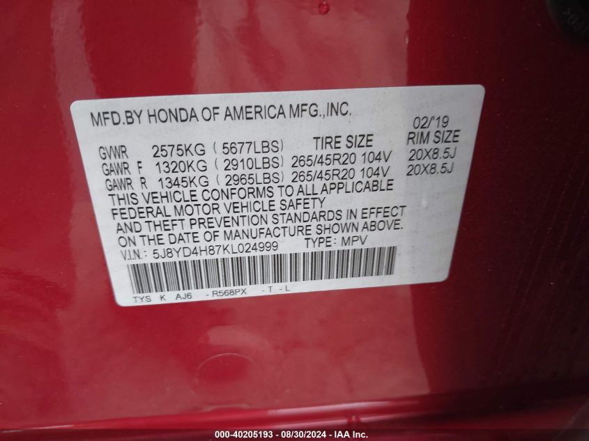 5J8YD4H87KL024999 2019 Acura Mdx Advance Pkg