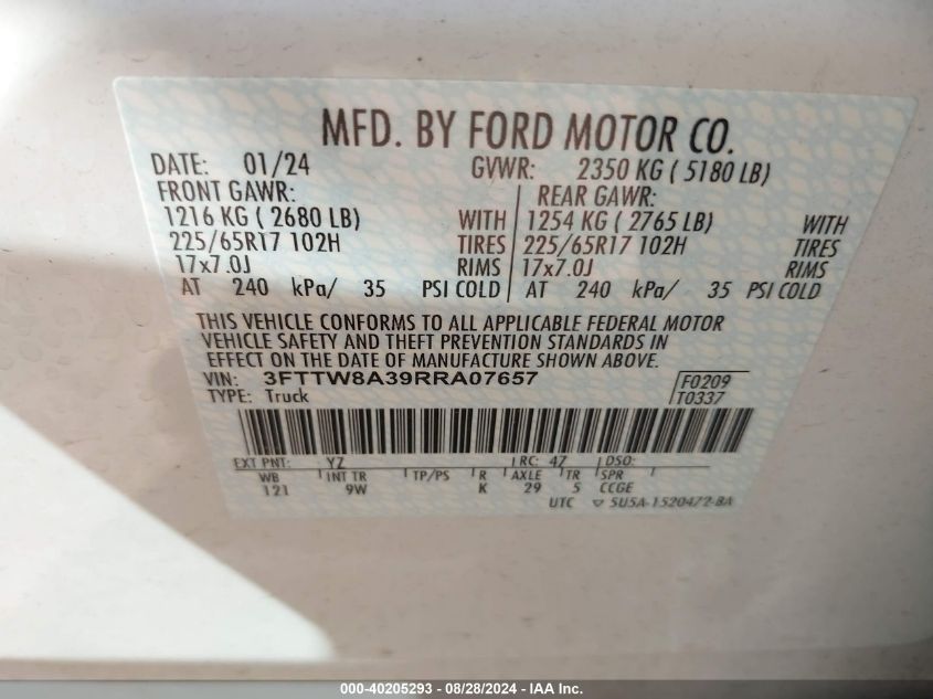 3FTTW8A39RRA07657 2024 Ford Maverick Xl