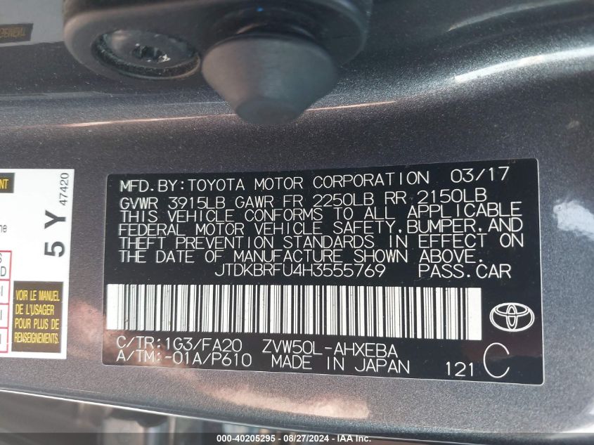 2017 Toyota Prius Two VIN: JTDKBRFU4H3555769 Lot: 40205295