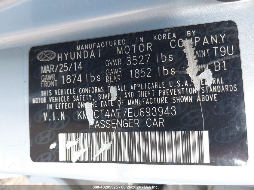 2014 Hyundai Accent Gls VIN: KMHCT4AE7EU693943 Lot: 40205525