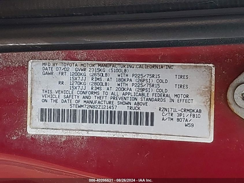 2002 Toyota Tacoma VIN: 5TEWM72N82Z121457 Lot: 40205531