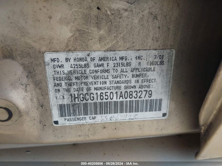 2001 Honda Accord 3.0 Ex VIN: 1HGCG16501A083279 Lot: 40205608