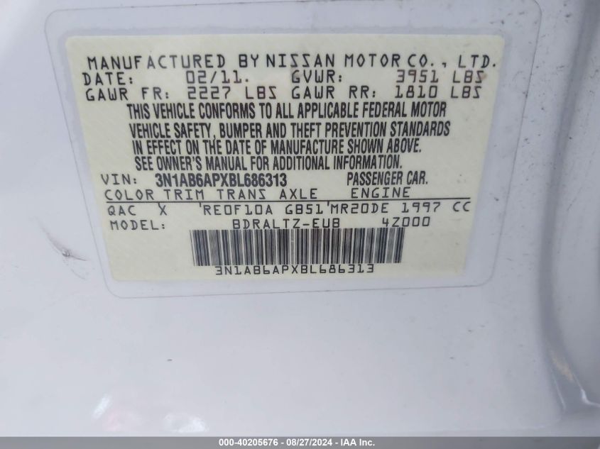 2011 Nissan Sentra 2.0S VIN: 3N1AB6APXBL686313 Lot: 40205676