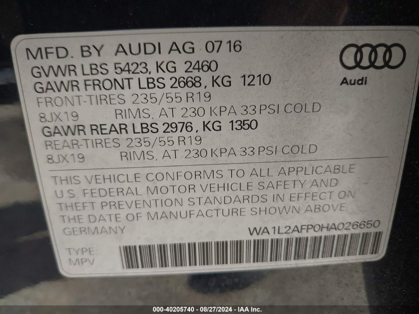 WA1L2AFP0HA026650 2017 Audi Q5 2.0T Premium