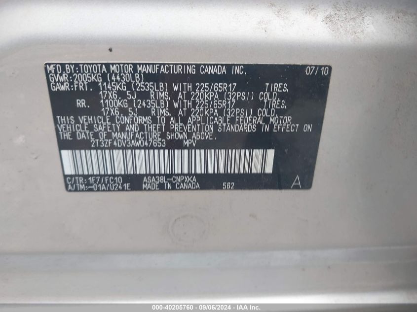 2T3ZF4DV3AW047653 2010 Toyota Rav4