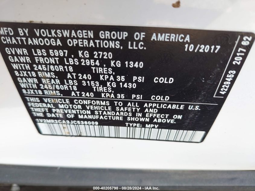 1V2MR2CA3JC536009 2018 Volkswagen Atlas 3.6L V6 Sel