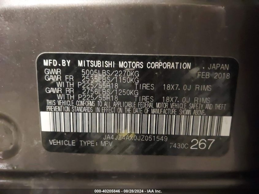 2018 Mitsubishi Outlander Gt VIN: JA4JZ4AX0JZ051549 Lot: 40205846