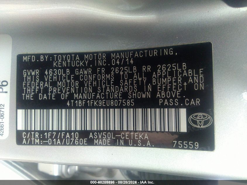 4T1BF1FK9EU807585 2014 Toyota Camry L