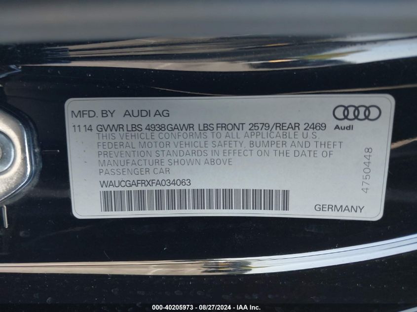 2015 Audi S5 3.0T Premium Plus VIN: WAUCGAFRXFA034063 Lot: 40205973