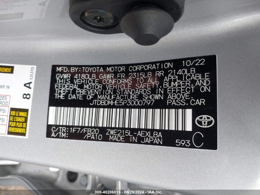 2023 Toyota Corolla Hybrid Le VIN: JTDBDMHE5P3000797 Lot: 40206015