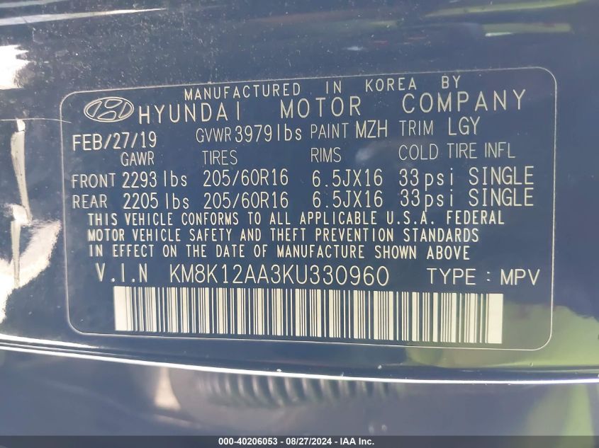 2019 Hyundai Kona Se VIN: KM8K12AA3KU330960 Lot: 40206053