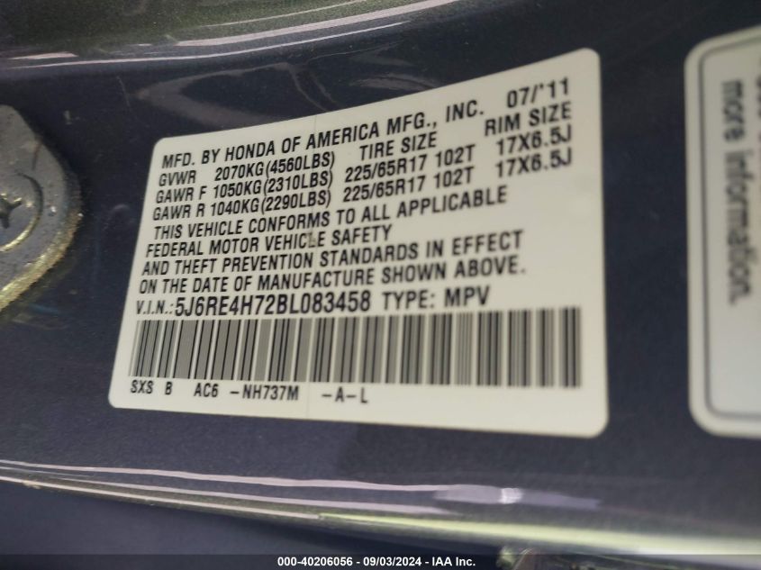 5J6RE4H72BL083458 2011 Honda Cr-V Ex-L