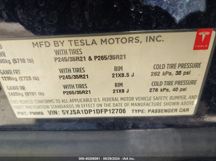 2013 Tesla Model S Performance VIN: 5YJSA1DP1DFP12706 Lot: 40206061