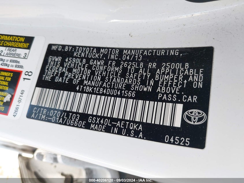 2013 TOYOTA AVALON XLE TOURING - 4T1BK1EB4DU041566