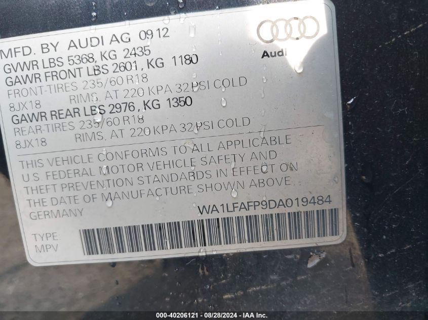 2013 Audi Q5 2.0T Premium VIN: WA1LFAFP9DA019484 Lot: 40206121