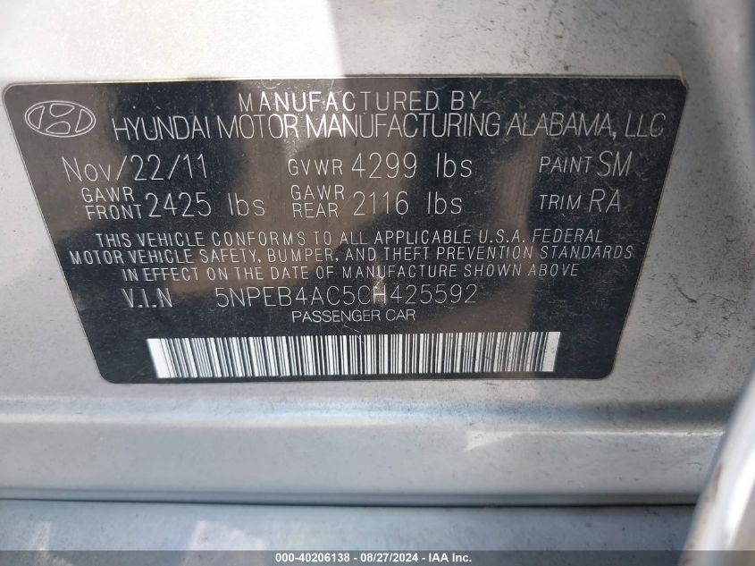 5NPEB4AC5CH425592 2012 Hyundai Sonata Gls