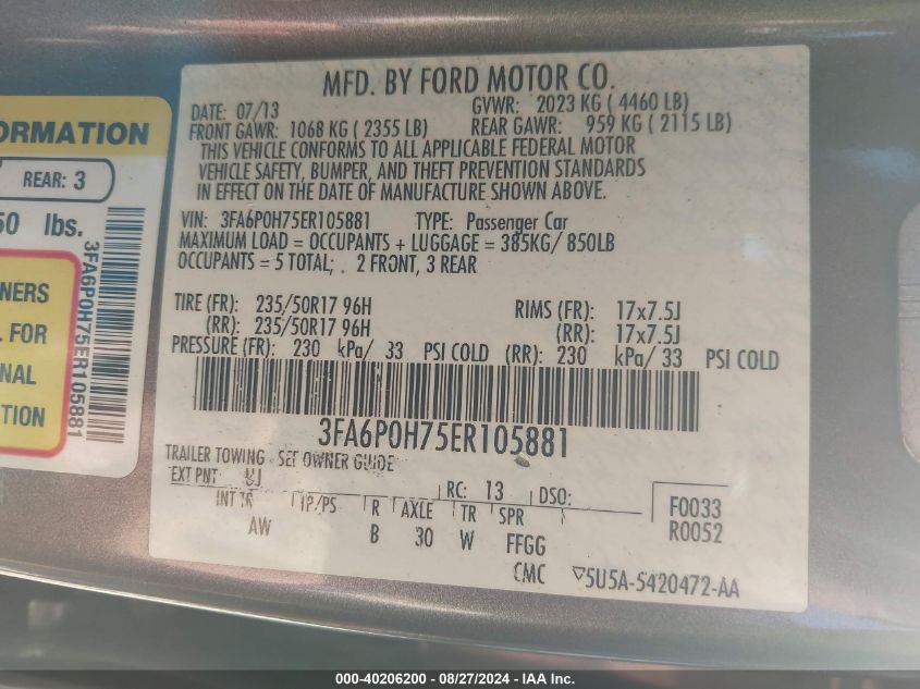 2014 Ford Fusion Se VIN: 3FA6P0H75ER105881 Lot: 40206200