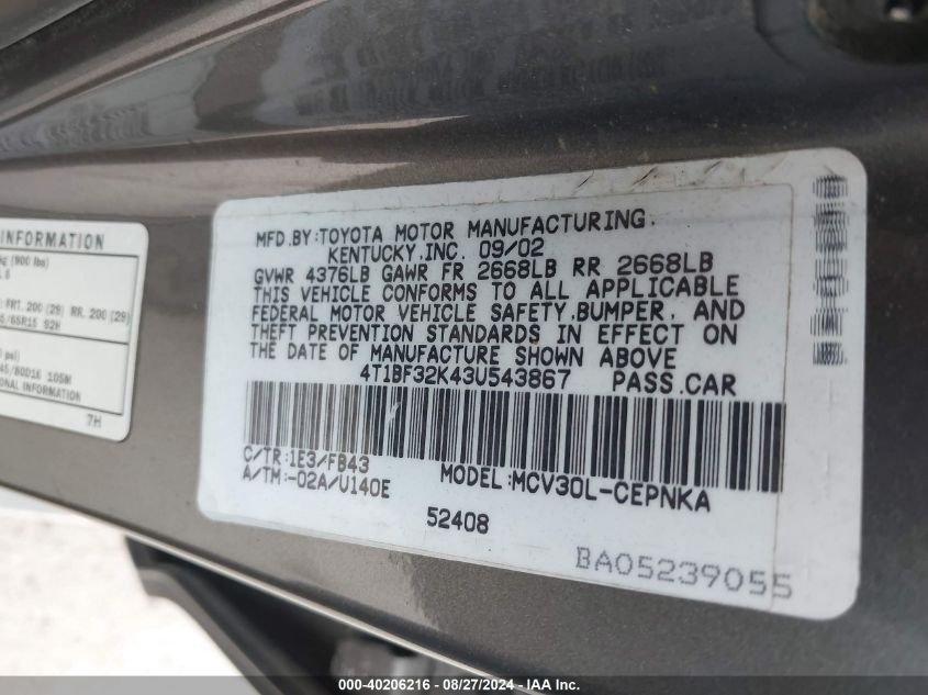 4T1BF32K43U543867 2003 Toyota Camry Le V6