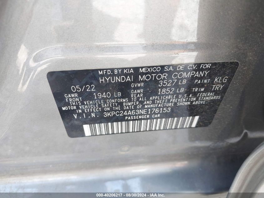 2022 Hyundai Accent Se VIN: 3KPC24A63NE176153 Lot: 40206217