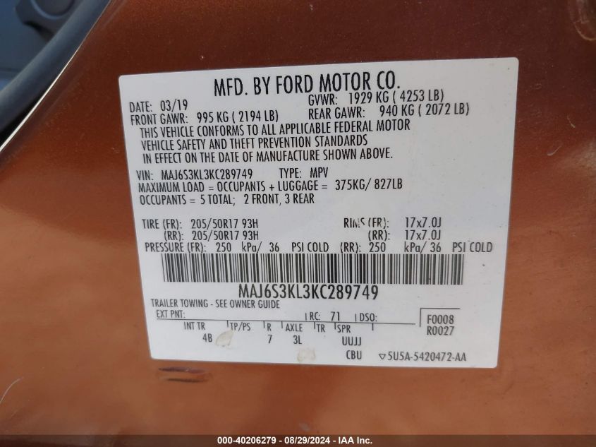 2019 Ford Ecosport Titanium VIN: MAJ6S3KL3KC289749 Lot: 40206279