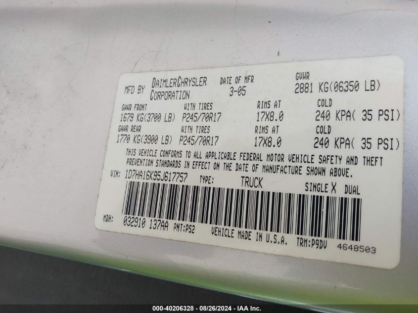 2005 Dodge Ram 1500 St VIN: 1D7HA16K95J617757 Lot: 40206328