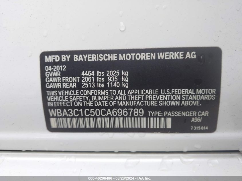 2012 BMW 328I VIN: WBA3C1C50CA696789 Lot: 40206486