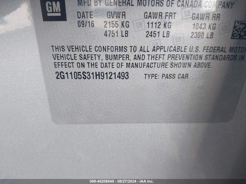 2017 Chevrolet Impala 1Lt VIN: 2G1105S31H9121493 Lot: 40206549