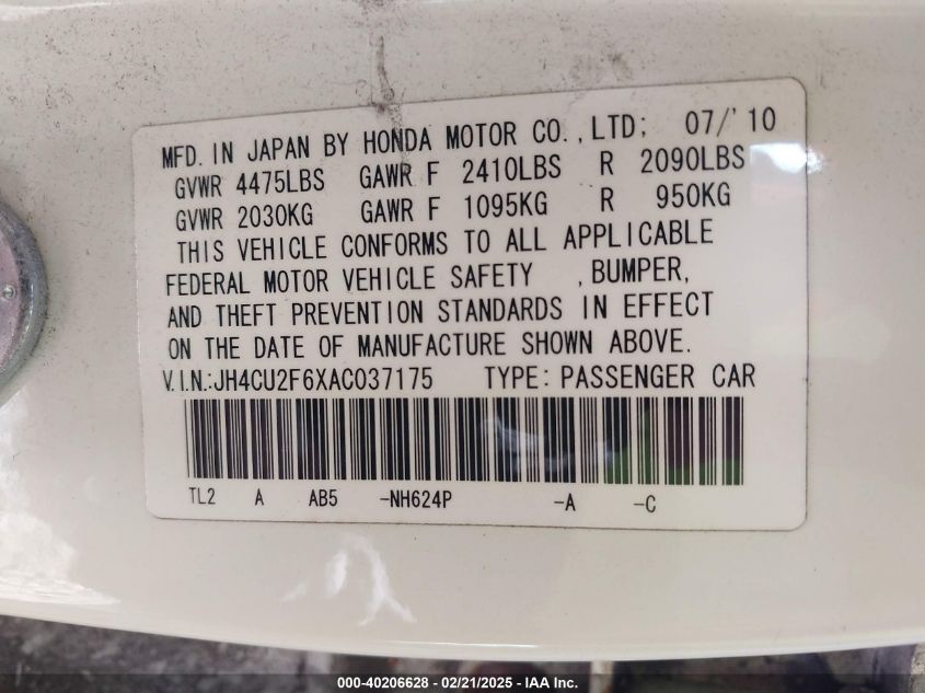 2010 Acura Tsx 2.4 VIN: JH4CU2F6XAC037175 Lot: 40206628