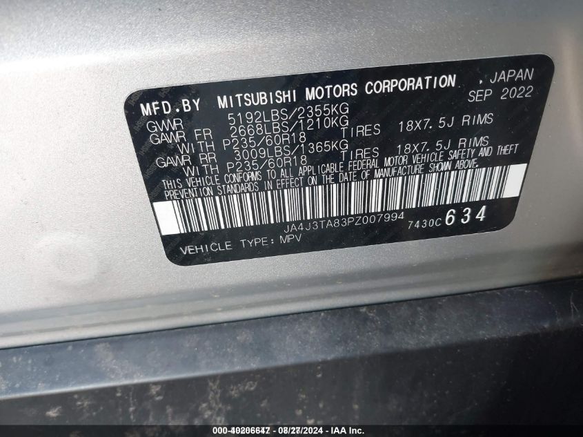 2023 Mitsubishi Outlander Es 2.5 2Wd VIN: JA4J3TA83PZ007994 Lot: 40206647