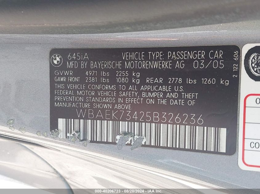 2005 BMW 645Ci VIN: WBAEK73425B326236 Lot: 40206723