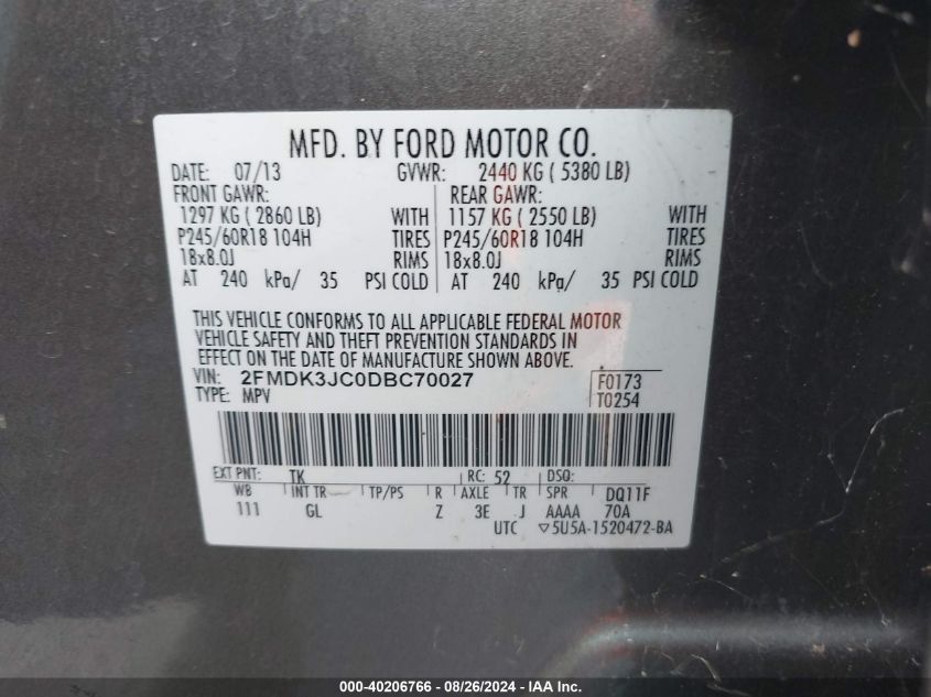 2013 Ford Edge Sel VIN: 2FMDK3JC0DBC70027 Lot: 40206766