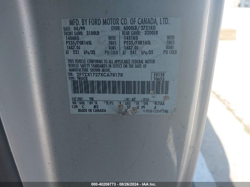 1999 Ford F-150 Work Series/Xl/Xlt VIN: 2FTZX1727XCA78178 Lot: 40206773