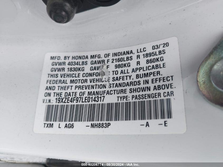 2020 Honda Insight Touring VIN: 19XZE4F97LE014317 Lot: 40206774