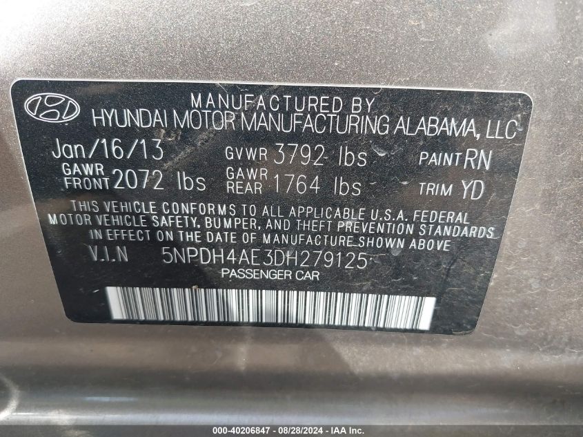 5NPDH4AE3DH279125 2013 Hyundai Elantra Gls