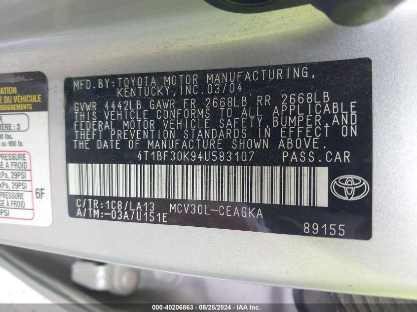 2004 Toyota Camry Xle V6 VIN: 4T1BF30K94U583107 Lot: 40206863