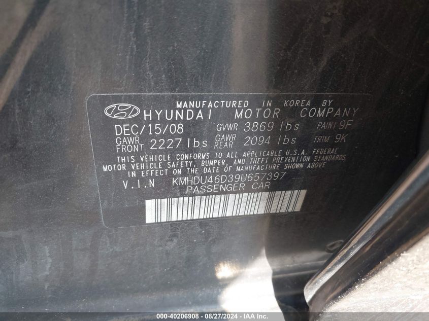 2009 Hyundai Elantra Gls VIN: KMHDU46D39U657397 Lot: 40206908