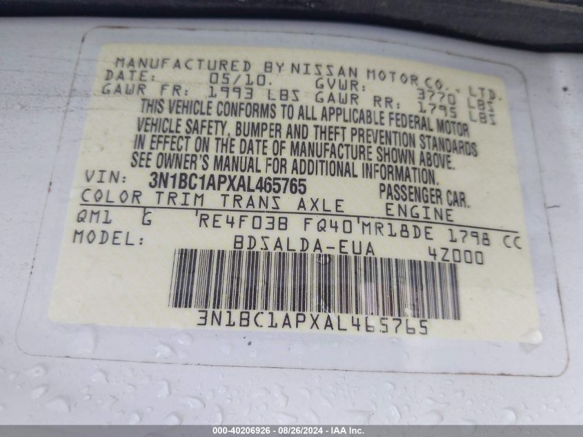 2010 Nissan Versa 1.8S VIN: 3N1BC1APXAL465765 Lot: 40206926