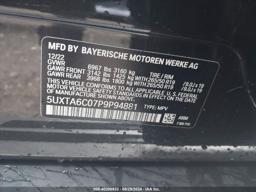 2023 BMW X5 Phev xDrive45E VIN: 5UXTA6C07P9P94881 Lot: 40206933