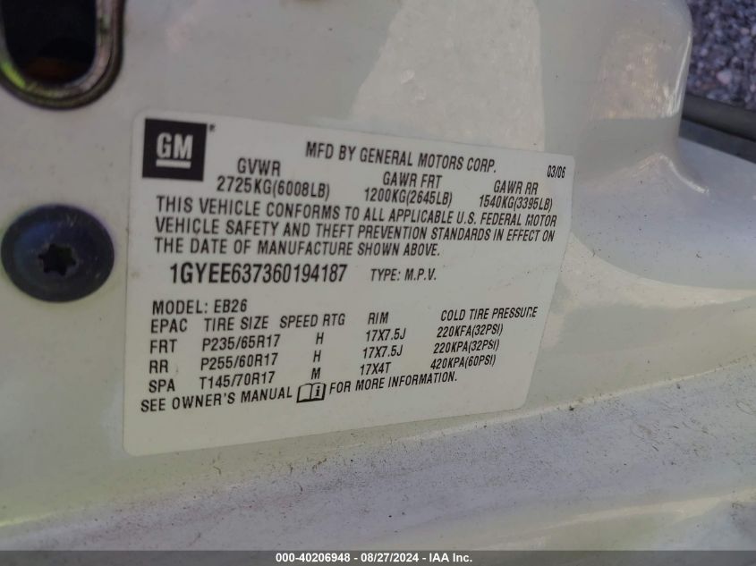 2006 Cadillac Srx V6 VIN: 1GYEE637360194187 Lot: 40206948