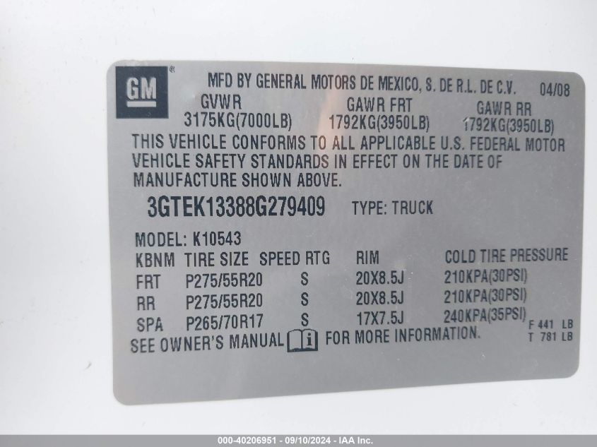 2008 GMC Sierra 1500 Slt VIN: 3GTEK13388G279409 Lot: 40206951