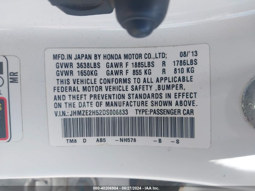 JHMZE2H52DS006833 2013 Honda Insight Lx