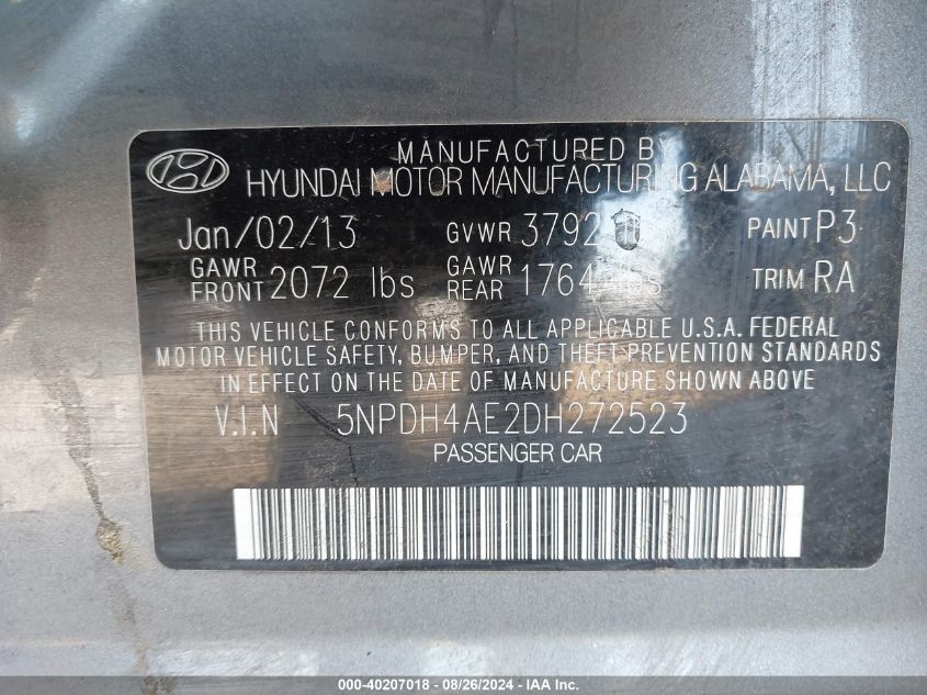 5NPDH4AE2DH272523 2013 Hyundai Elantra Gls